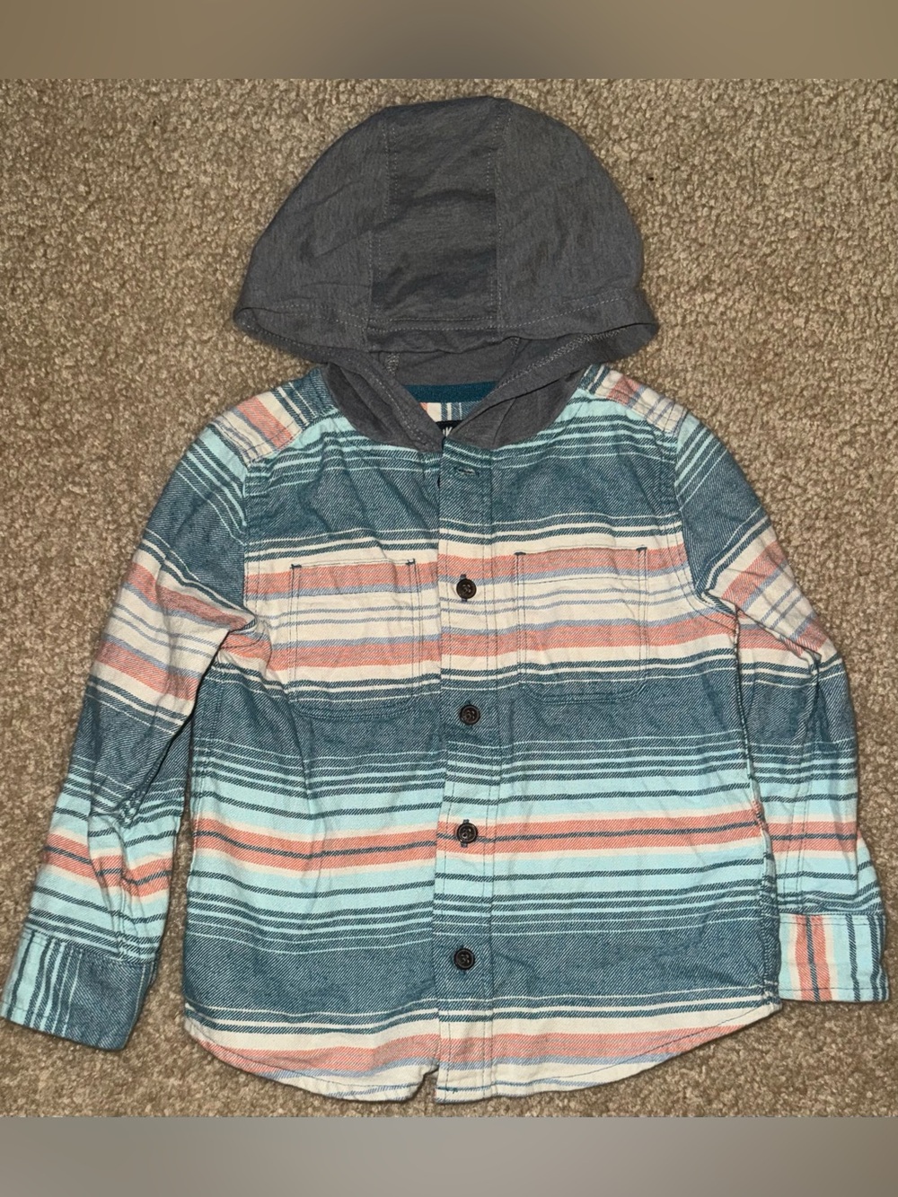 Striped Hooded Button-Up Shirt - Blue & Coral Stripes